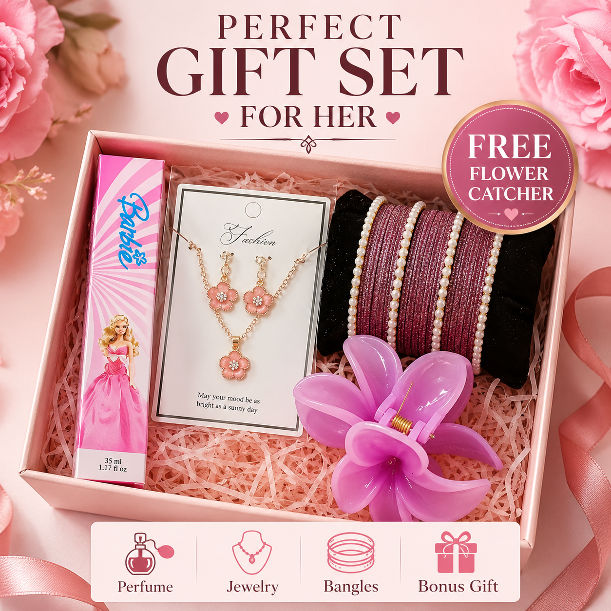 Perfect Gift Combo Set for Her – Bangles, Necklace & Earrings, Perfume & Flower Hair Catcher with Gift Box