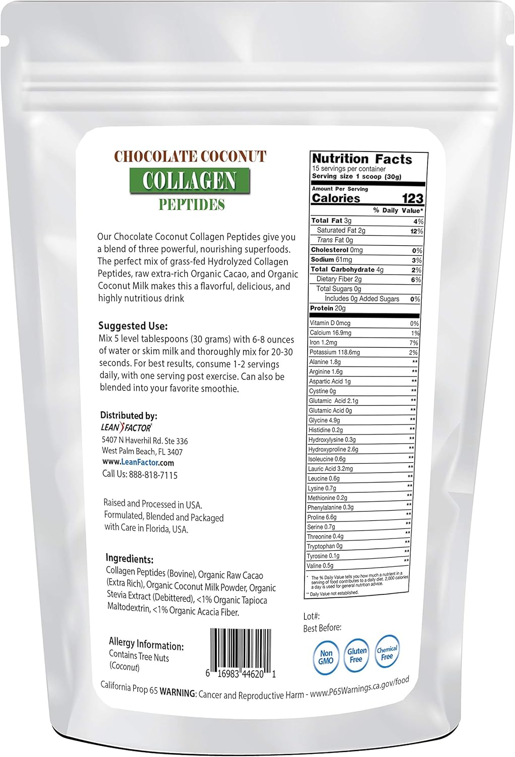 Chocolate Collagen Peptide Powder with A Hint of Creamy Coconut Milk - Sweetened with Stevia - High Protein & Low Carb - Keto & Paleo Friendly - All Natural, Non GMO & Gluten Free - 1 lb 454gm