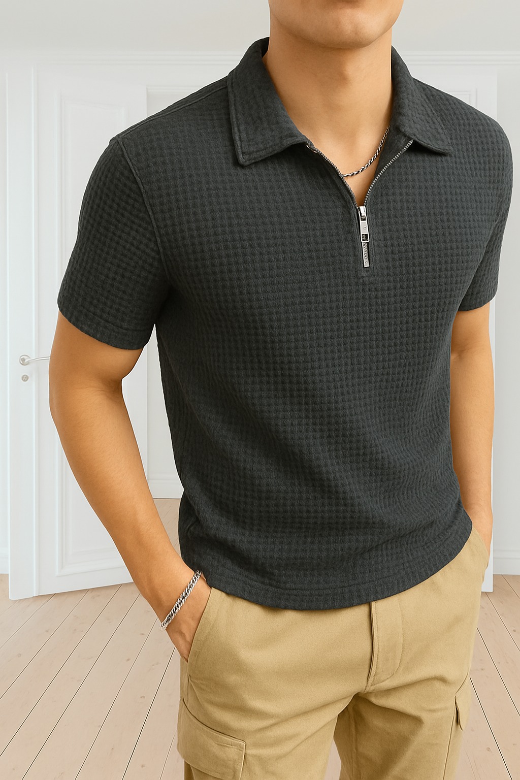 Grey Trendy Waffle Knit Polo Shirts For Men / Polo Tshirts For Men / Men Polo Tshirts / Men Tshirts