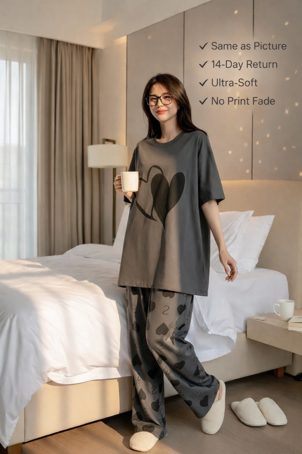 Women & Girls Grey Heart Print Nighty Pajama Set – Oversized T-Shirt & Pajama Soft Cotton Nightwear for Sleep & Lounge Wear