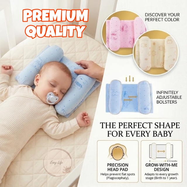 Adjustable Baby Head Shaping Pillow Set – Soft Memory Foam Infant Cushion for Flat Head Prevention, Anti-Roll & Neck Support – Breathable Newborn Sleeping Positioner for Crib, Cot, Bed, Bassinet, Car Seat & Stroller – Portable with Cartoon Cover (Random P