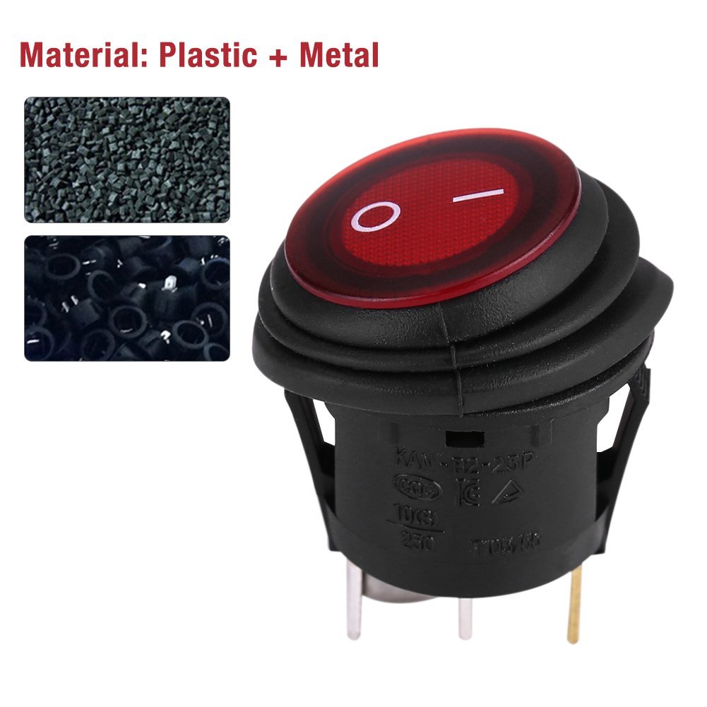 2PCS 12V 3Pin Red LED Rocker Switches, Round Button Rocker Toggle Switch OnOff SPDT Snap Waterproof for Car Auto Boat Truck