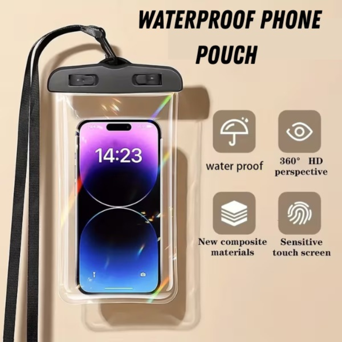Waterproof Phone Pouch Universal Mobile Cover – Transparent Touch Screen Dry Bag for Swimming, Beach, Travel & Outdoor Activities – Waterproof Mobile Case with Secure Lock & Neck Strap – Dustproof, Snowproof & Lightweight Protection for Smartphones