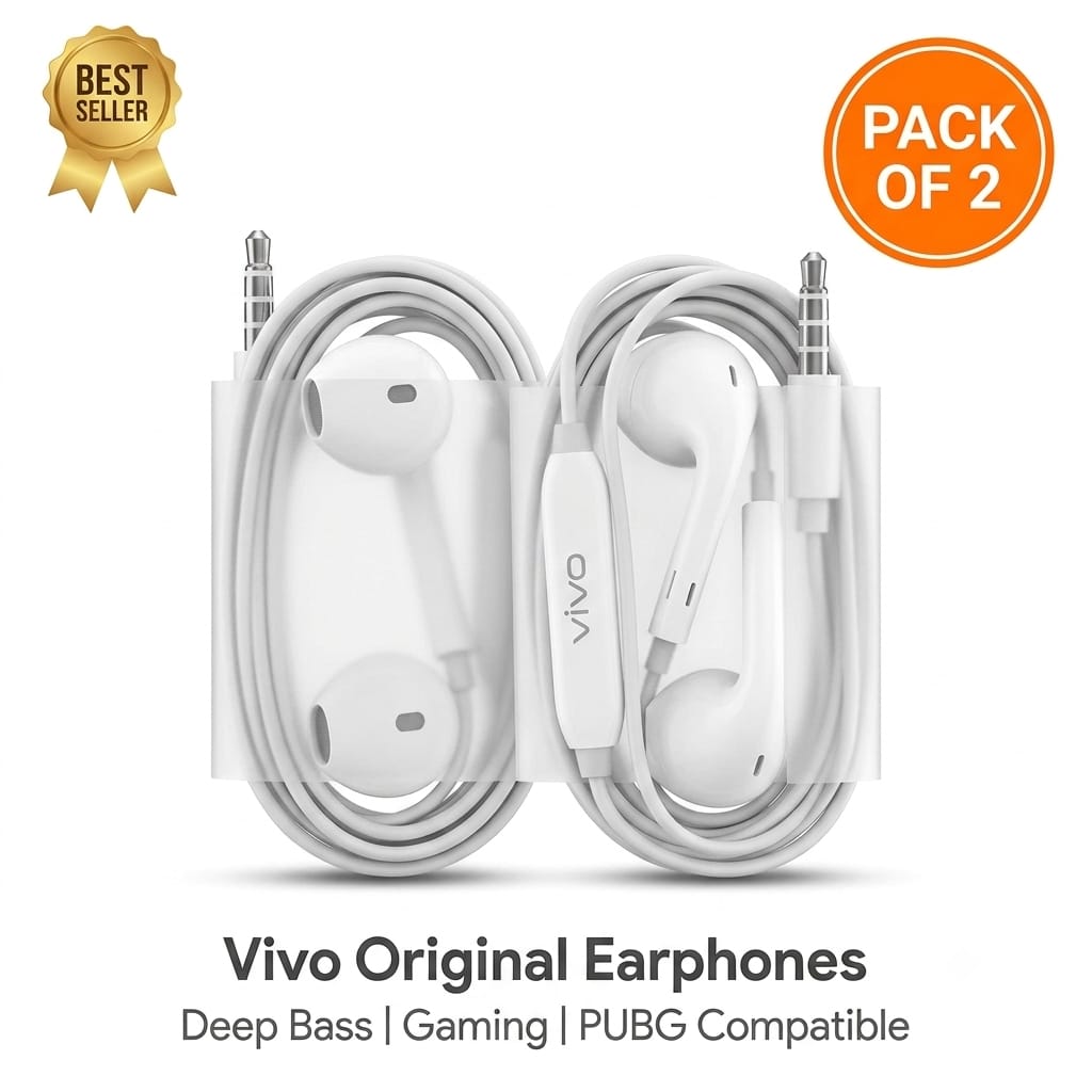 Vivo Original Earphones Pack of 2 Limited Stock Deep Bass 3.5mm Jack Gaming Handsfree PUBG Semi-In-Ear Best Seller Bundle Android Compatible