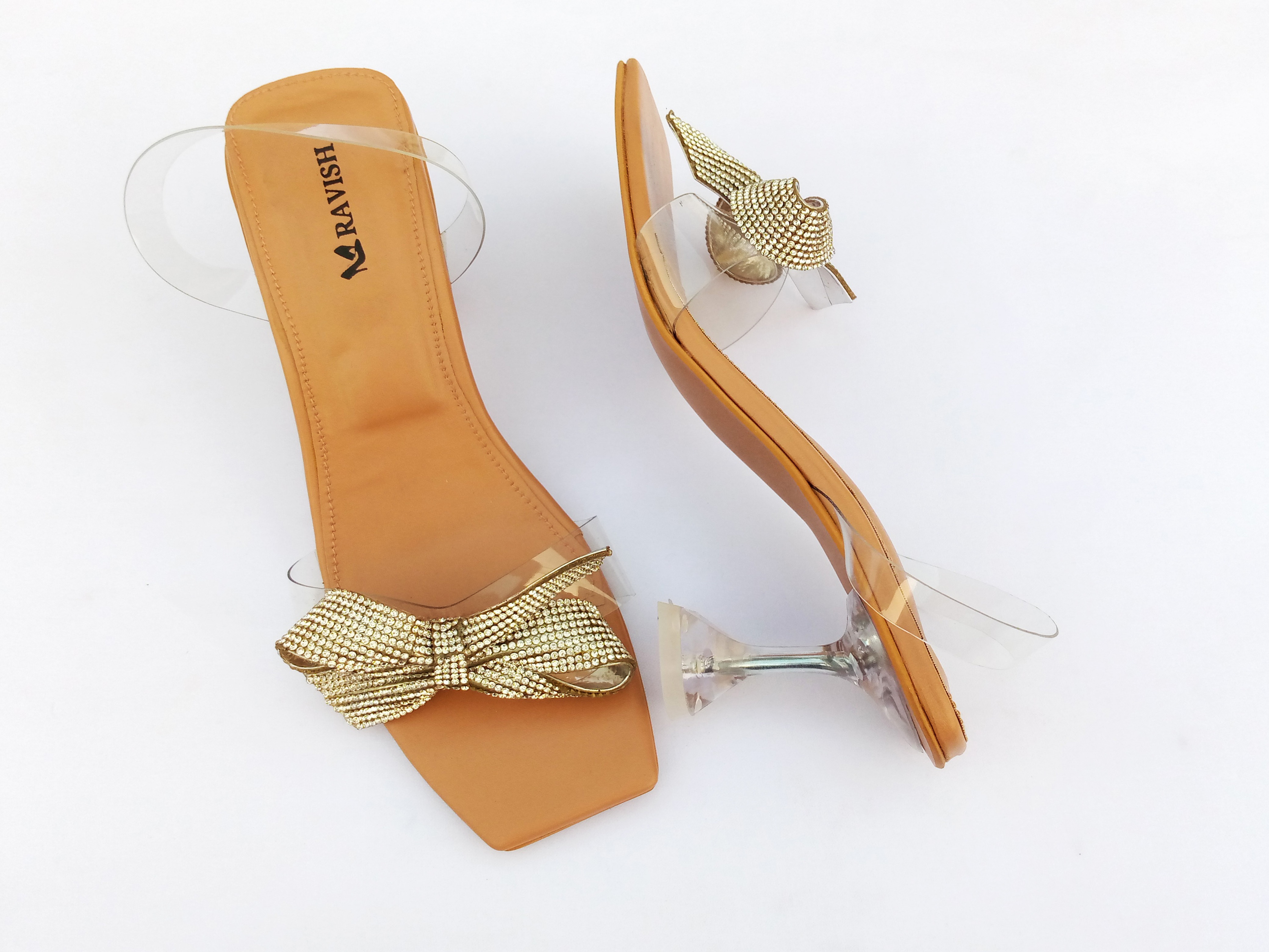Ravish Women Marigold Transparent Heels, PU Leather, Square Toe, Stylish Party Heeled Sandals, Trendy and Durable
