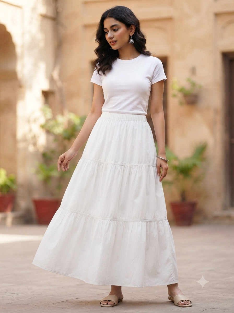 Multi Layered Tiered Summer Cotton Maxi Skirt for Women – Flowy Long Skirt with Elastic Waist (XS to XXL)