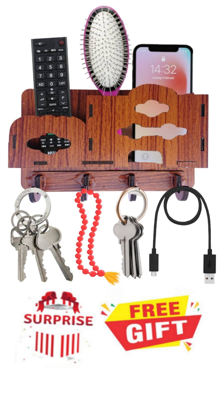 Wall-Mounted Wooden Organizer for Keys, Phone, and Other Essentials - Modern Home Decor Accessory