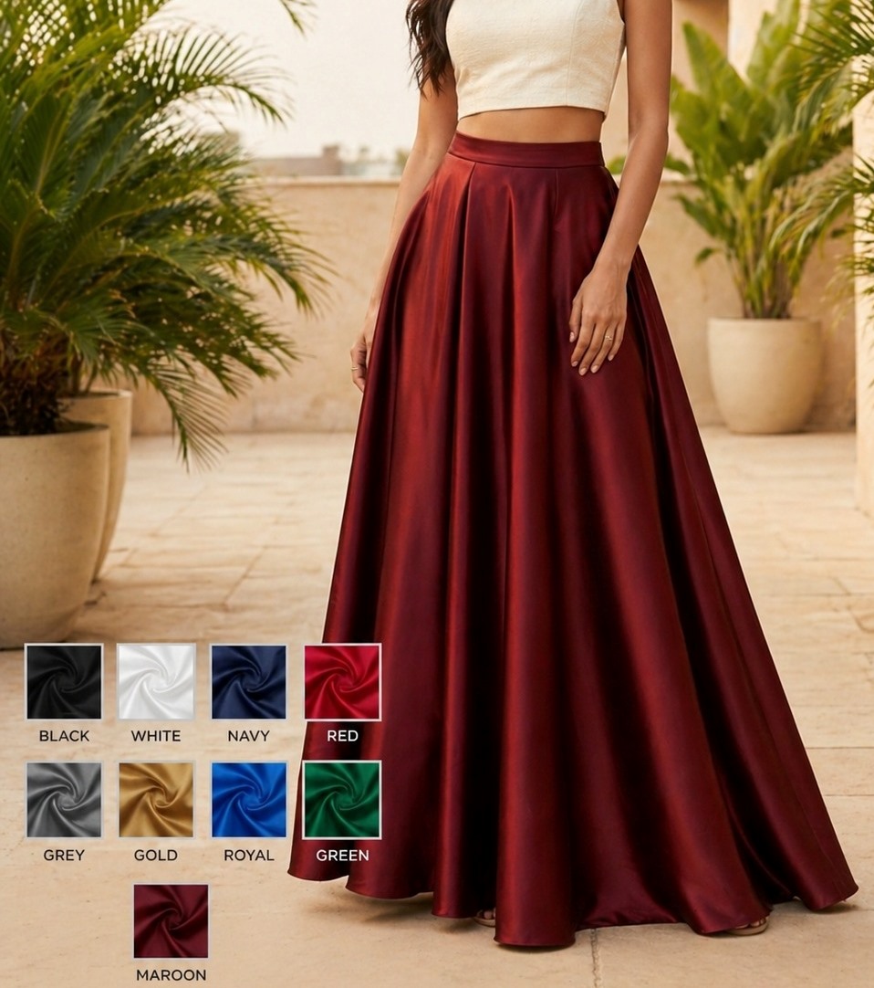 Back Elasticated Solid Silk Flared Swing Maxi Skirt For Women. AE-6707