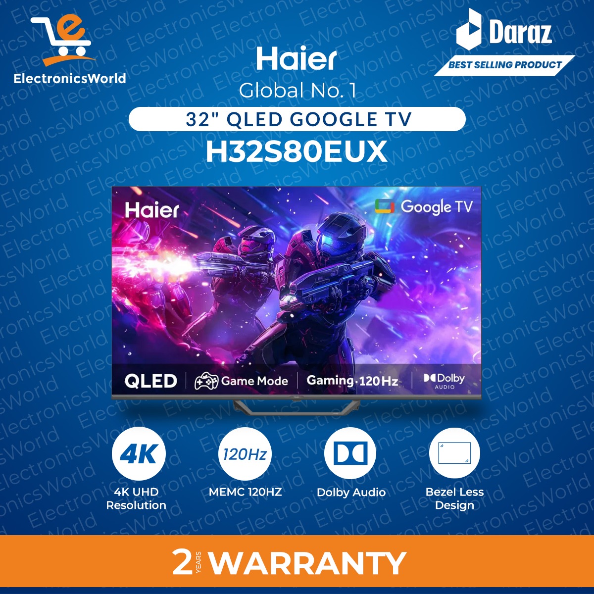 Haier LED TV- 32" QLED Google TV | Model H32S80EFX | Voice Control | Bezel Less Design | 2 Years Warranty (NEW MODEL)
