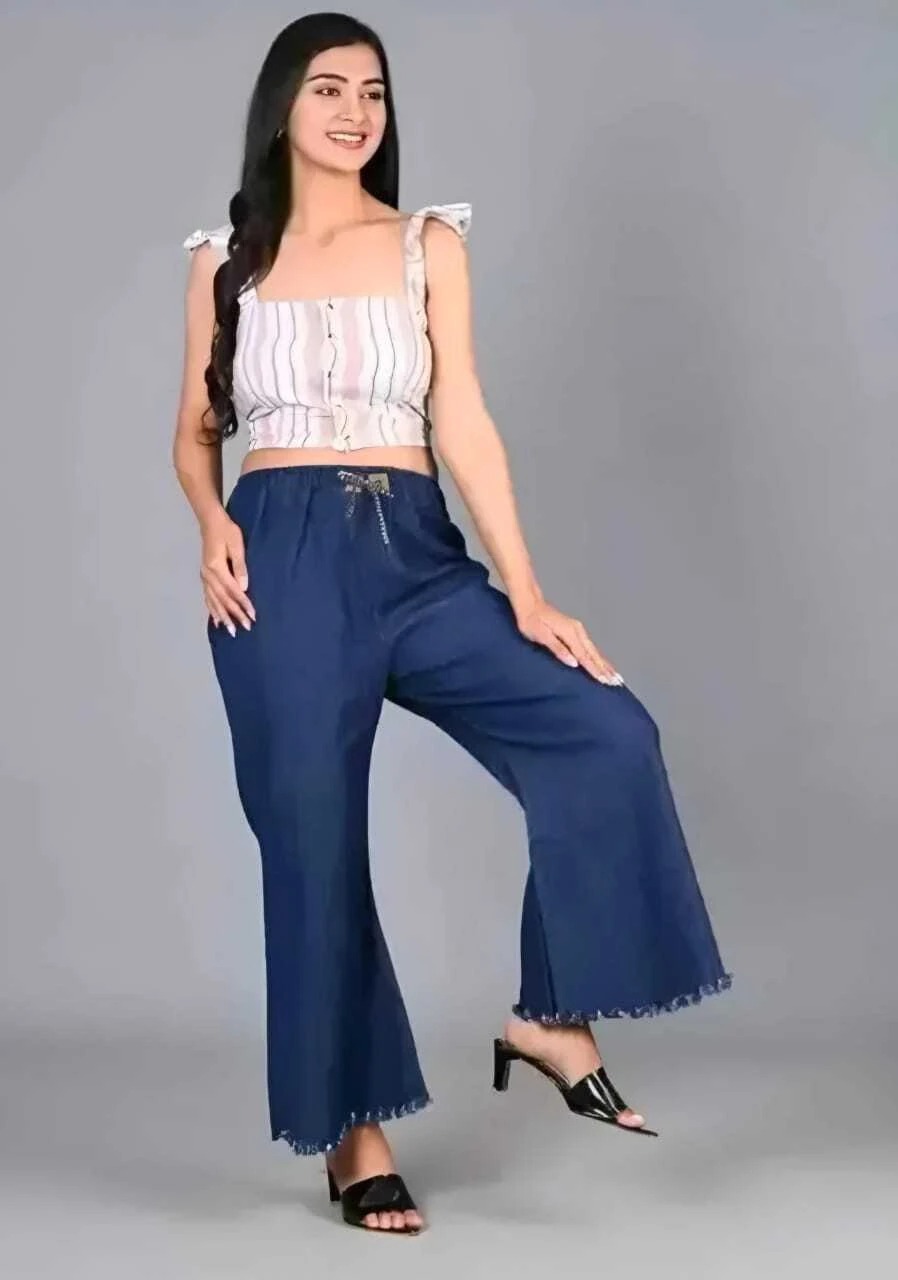 Women's Denim Plazo Jeans Free Size | High Waist Wide Leg Plazo Pants for Girls | Stretchable Casual Denim Trousers for Women