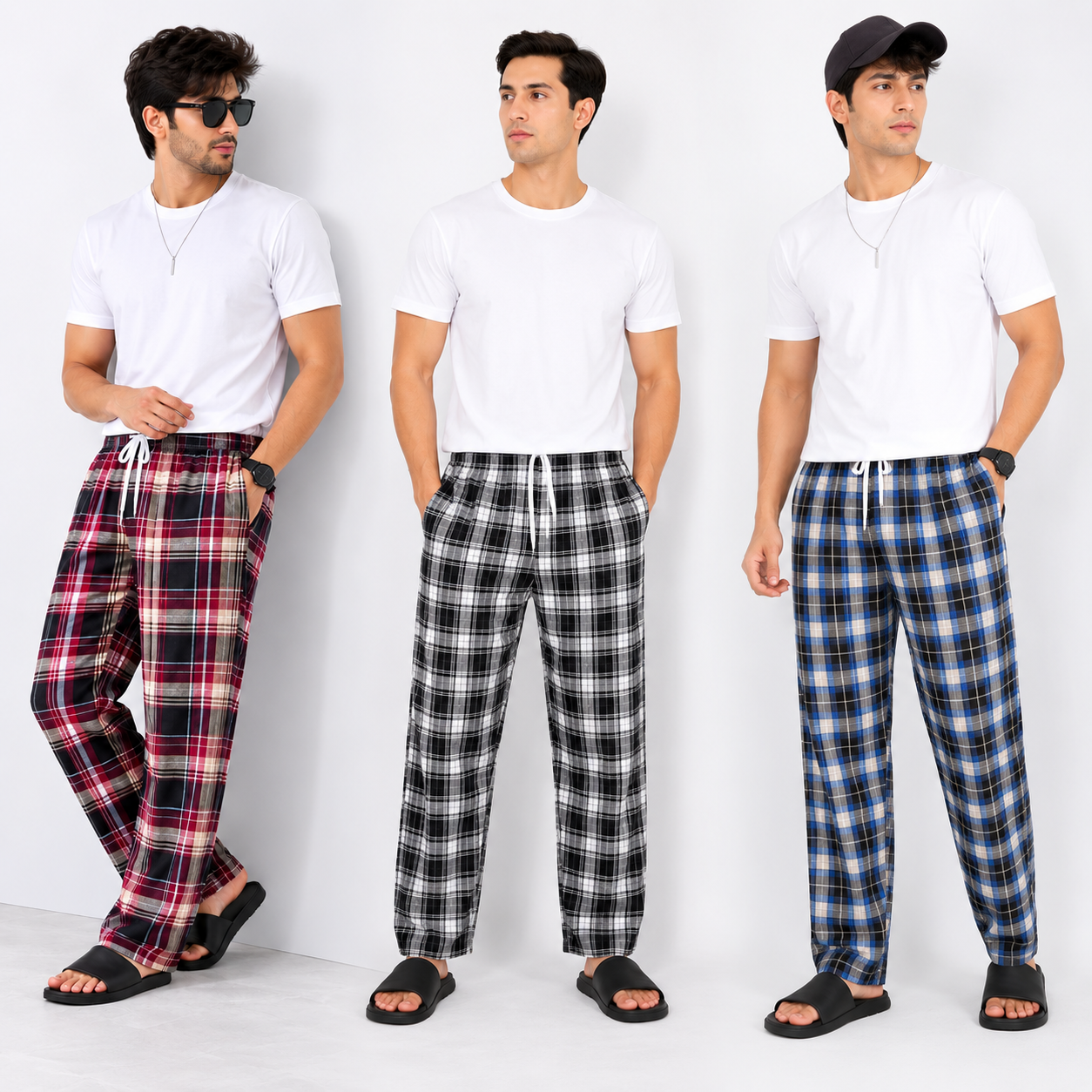 Faiz Garments | 1Pcs  Men's Cotton Checked Trouser – Soft Comfortable Casual Check Pants with Side Pockets