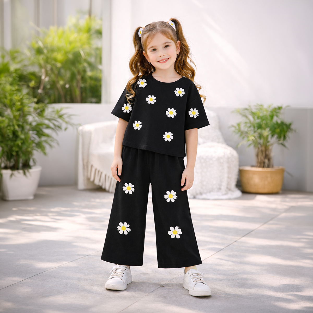 Women's And Girls Summer Cotton Jersey lawn 2 piece suit Pajama Set Barbie Script Daisy Print T-Shirt & Wide-Leg Trouser Nightwear Loungewear