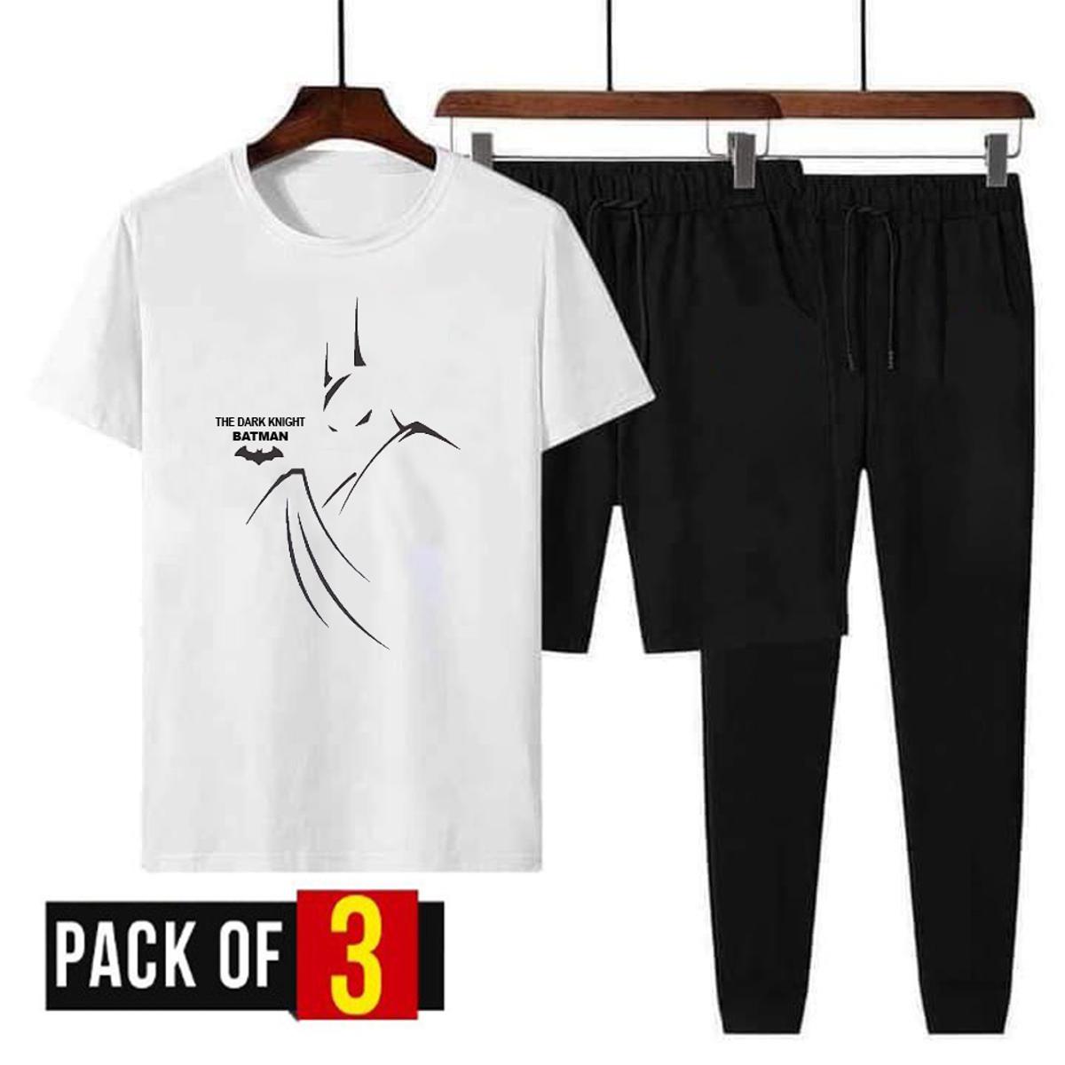 Pack of 3 - Batman Printed Gym Jogging Tracksuit Round Neck O-Neck Cotton T-Shirt + Short + Trouser Summer Collection Track Suit