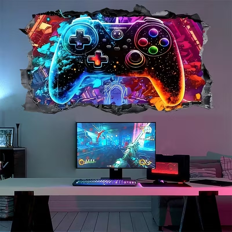 Peel & Stick 3D Neon Glow Gaming Wall Decals - Removable Video Game Controller & Joystick Mural Stickers, Easy Install/Remove Bedroom, Game Room Decor, Plastic Surface Compatible (Vinyl)