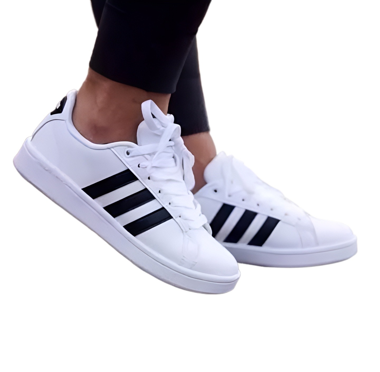 White Sneakers With Black Strips For Girls