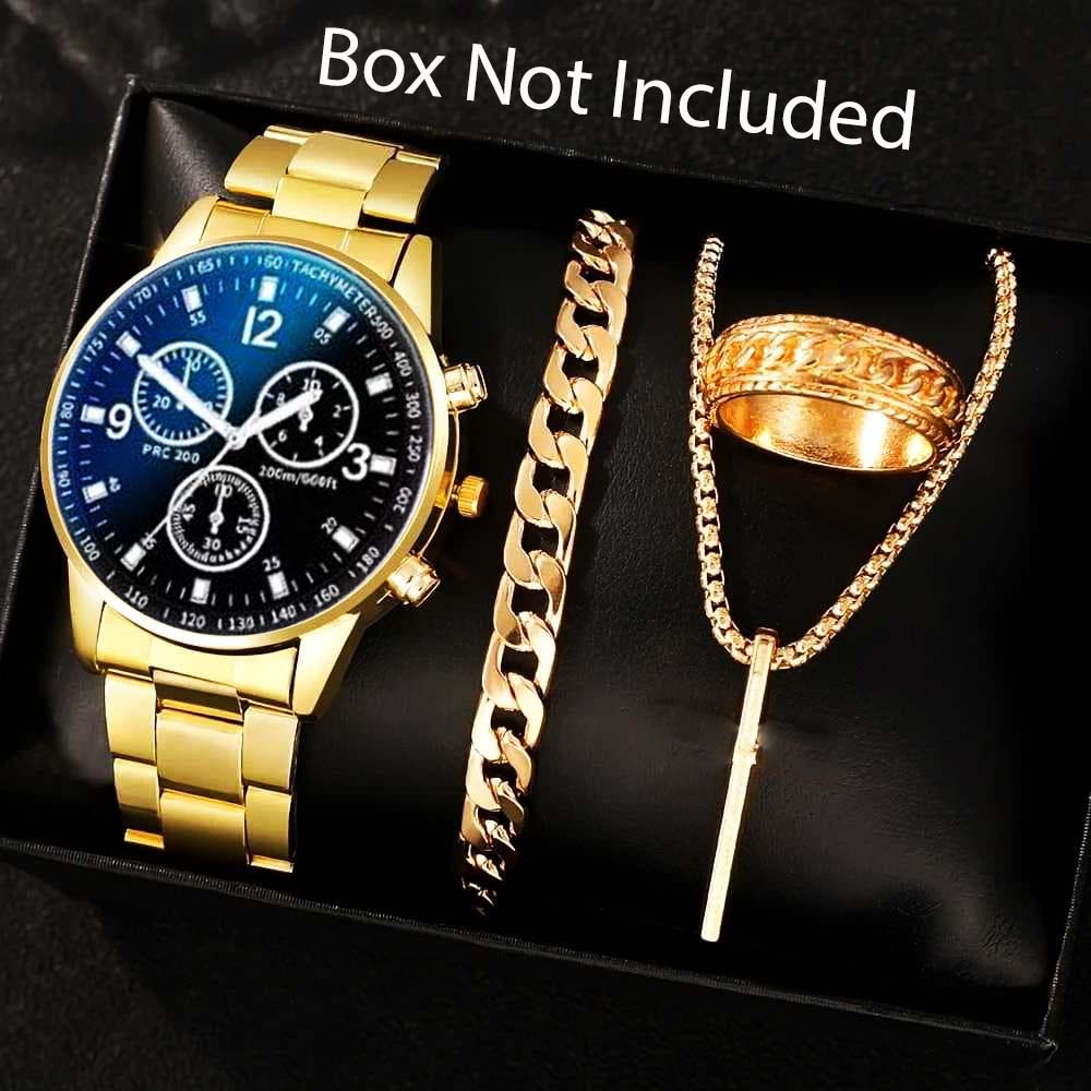 Pack of 4 Black Watch, Chain Bracelet, Ring, Bar Locket Set for Men/Boys
