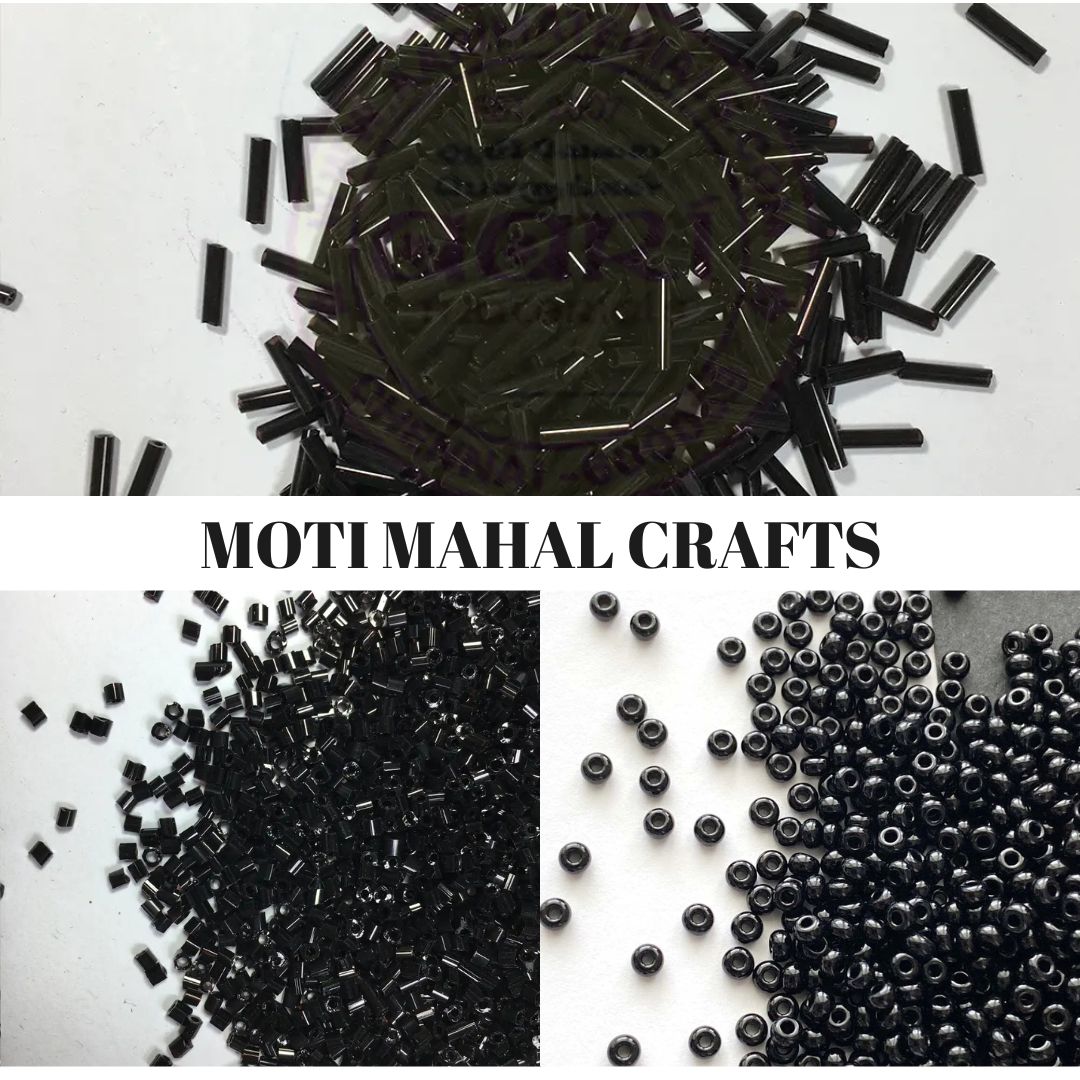 Pack of 3 Tola Black Glass Beads Set – Pony, Cut & Pipe Beads for Hand Embroidery, Jewelry Design & Dress Embellishment | Craft Supplies