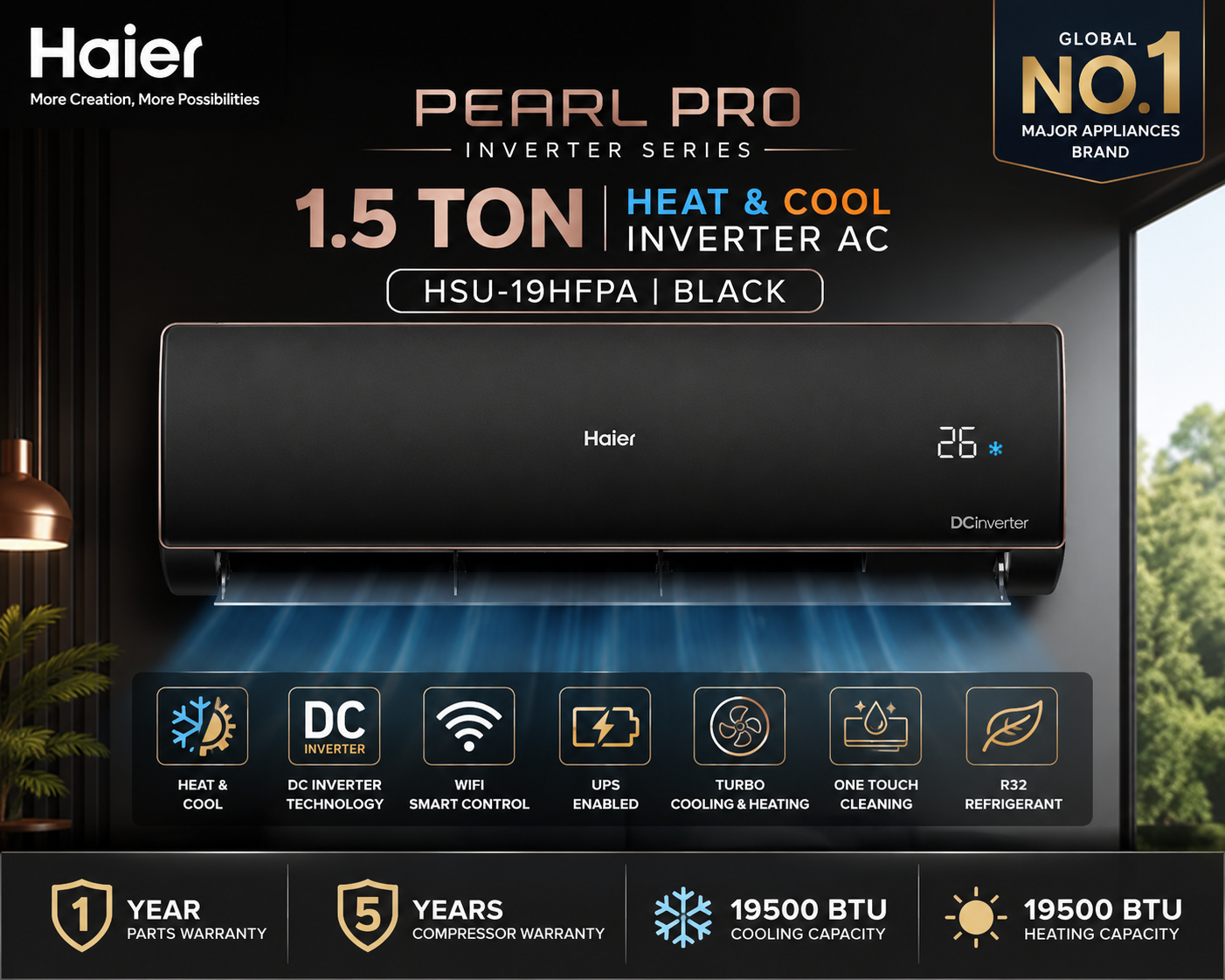 Haier 1.5 Ton Inverter AC HSU-19HFPA Pearl PRO | Heat & Cool | DC Inverter | 19500 BTU | WiFi Smart | UPS Enabled | Black | Haier Warranty