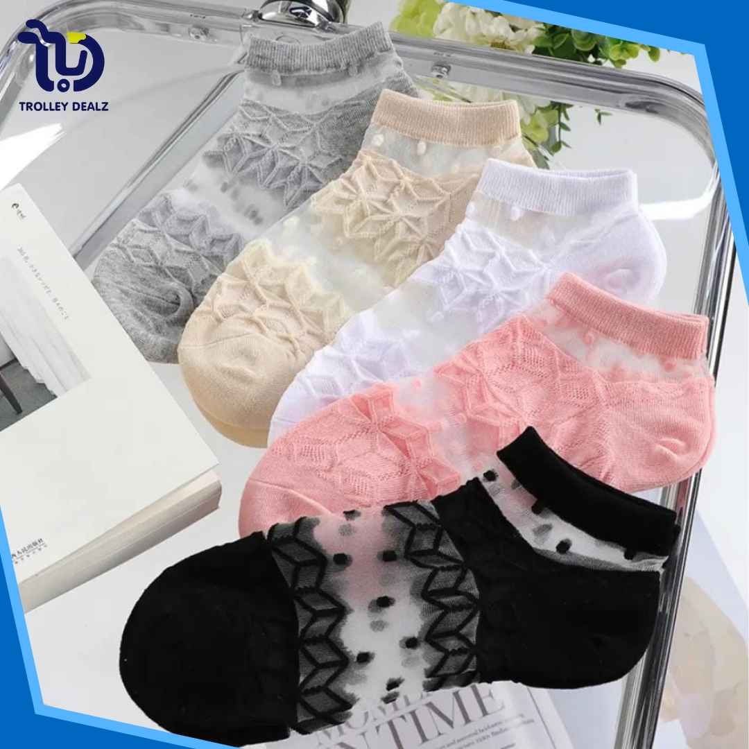Pack of 5 - Comfortable Breathable Ankle Socks for Woman Soft Sport Short Ladies Socks Fancy Ladies Net Silk Anti-Slip Socks For Girls Korean Style Ladies Socks Fancy Low Cut Socks For Women .