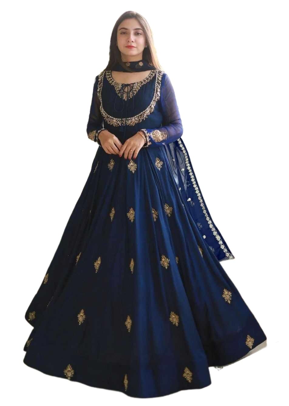 Women Dresses Embroidered -- Long Maxi -- Ladies Chiffon Frocks -- Neck & Sleevee Front Embroidered Maxi With Emb Dupatta 3Pcs -- Ready To Wear -- Women And Girls