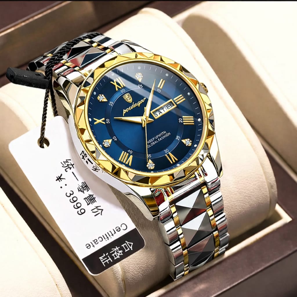 Watch for Men Stainless Steel Strap Quartz Watch Business and Luxury Style Gold with Diamond Dial and Calendar Multiple Colors