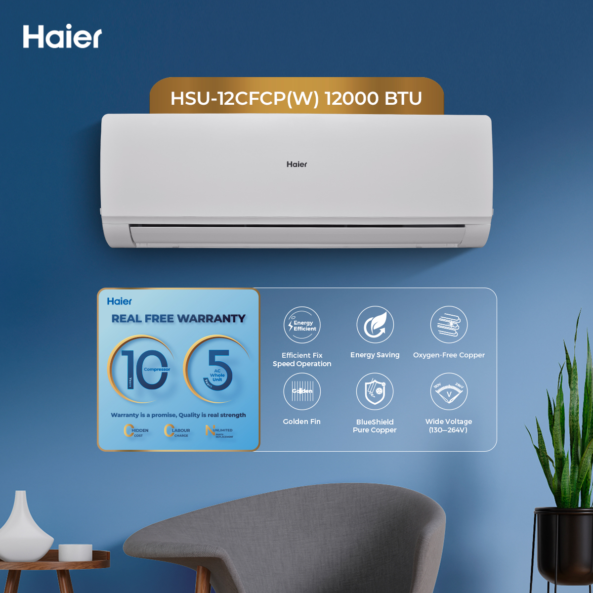 Haier 1 Ton AC - Turbo Cool Series - HSU-12CFCP(W) - Cool Only - Haier Free Installation