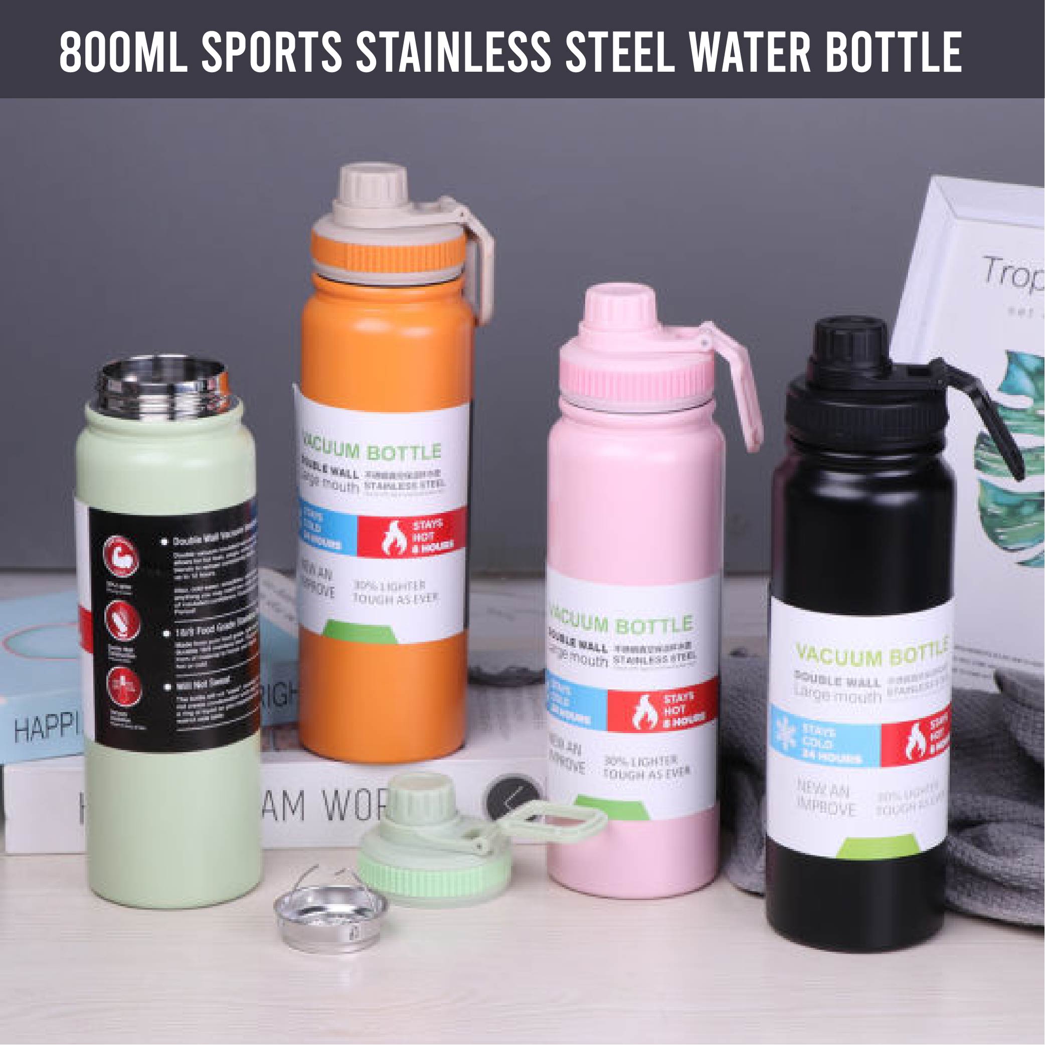 800ML Stainless Steel Vacuum Flask – Insulated Hot & Cold Water Bottle for Sports, Office, School & Outdoor Use