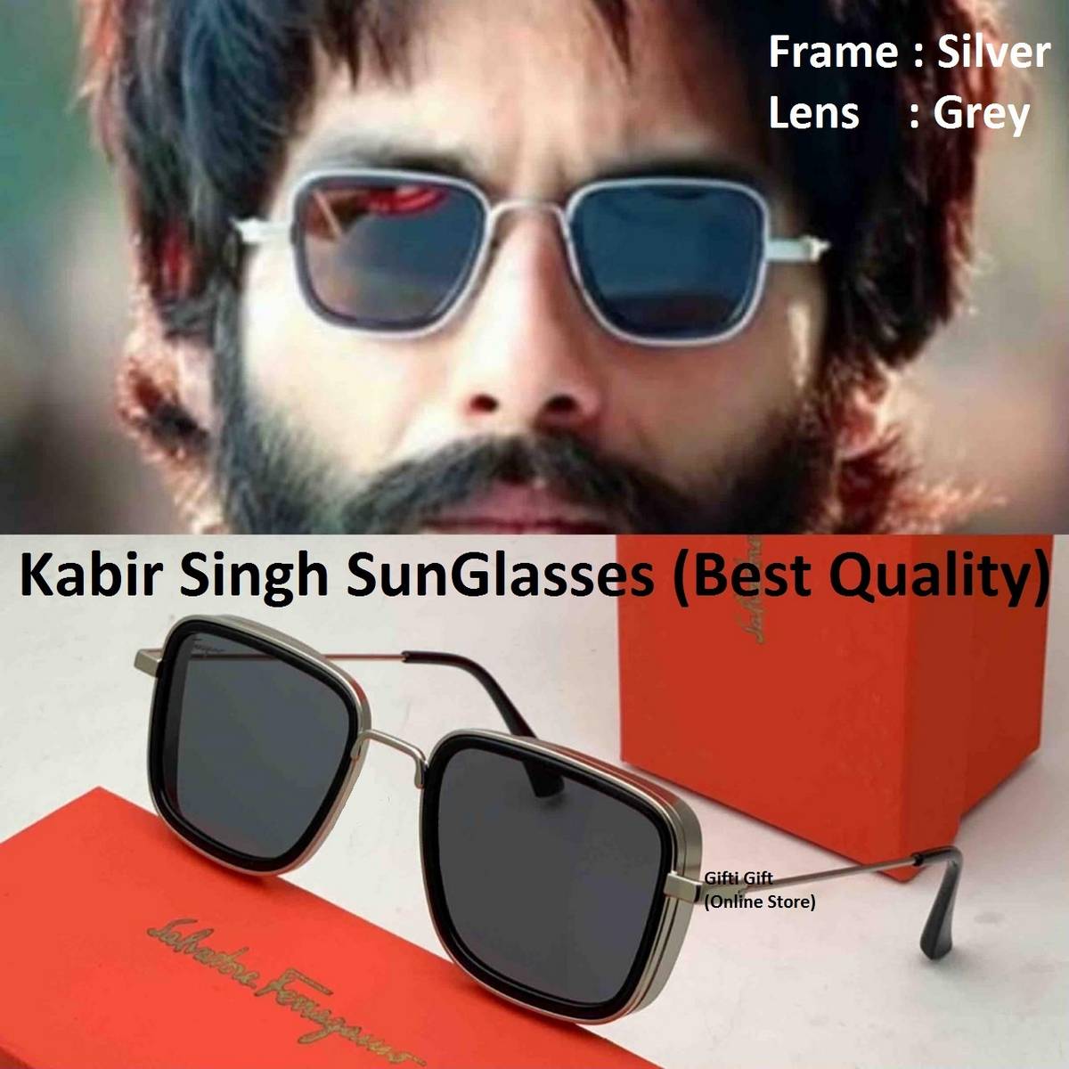 Original Kabir Singh Sunglasses in Metal Frame for Men - Shahid Kapoor  Polarized Glasses with Case