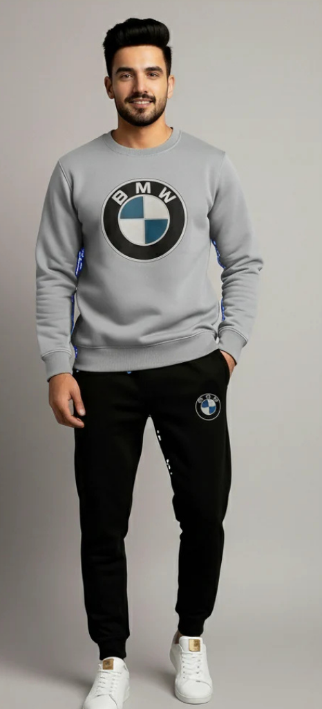 BMW Inspired Men’s Winter Tracksuit – Grey Sweatshirt & Black Jogger Trouser (2 PCS Set)