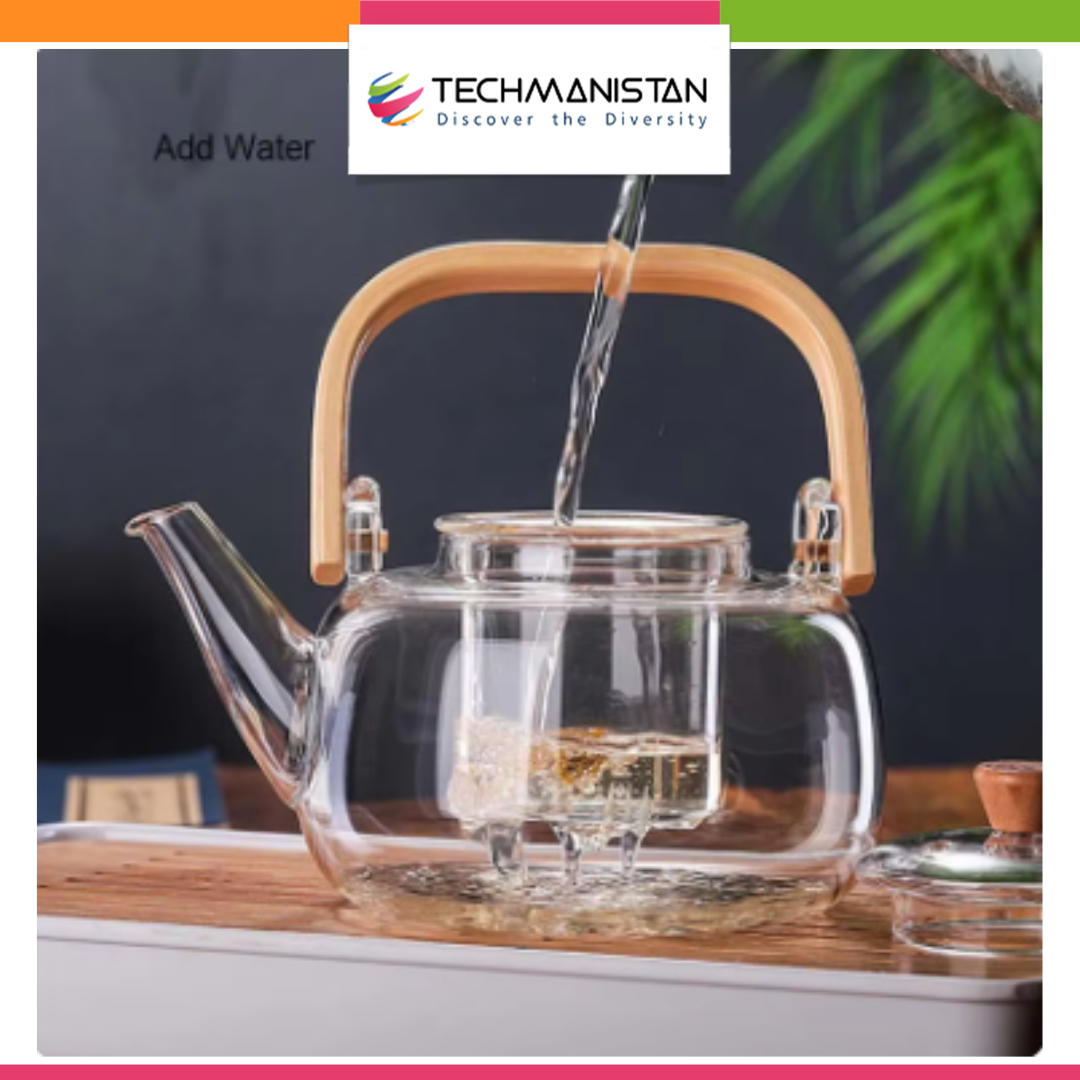 Techmanistan 1000ml Glass Tea Kettle with Glass Filter & Wooden Handle ...