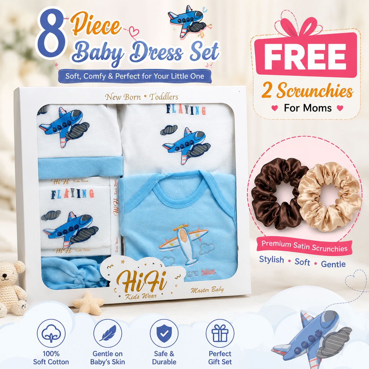 Newborn Baby Clothes Set 8 pieces - Unisex Suit Set Gift Pack - Free Scrunchies - Newborn Baby Accessories - Free Gift - Baby Accessories - Baby Planet - Newborn baby boy clothes - Newborn baby girl clothes - Minnie Minors Clothes - Gift for Moms