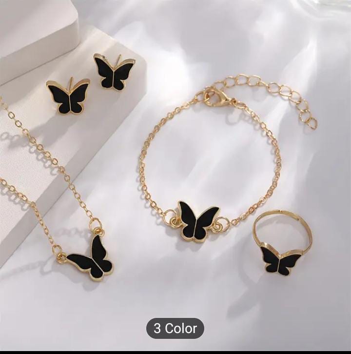 Stylish Black Butterfly Ring & Earrings & Bracelet & Necklace Fine Jewelry Set For Women