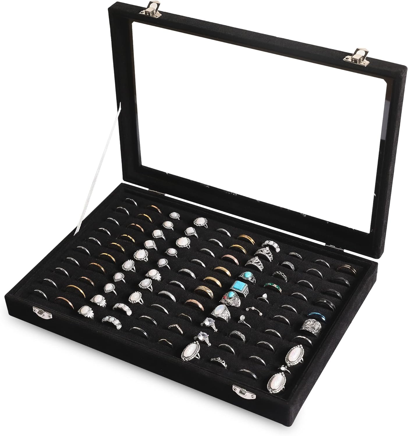 Frebeauty Ring Organizer Tray 100 Slots Ring Holder with Clear Lid Velvet Ring Storage Box Ring Tray for Jewelry Store Ring Display Case for Jewelry Show Ring Box for Women Girls(Black)