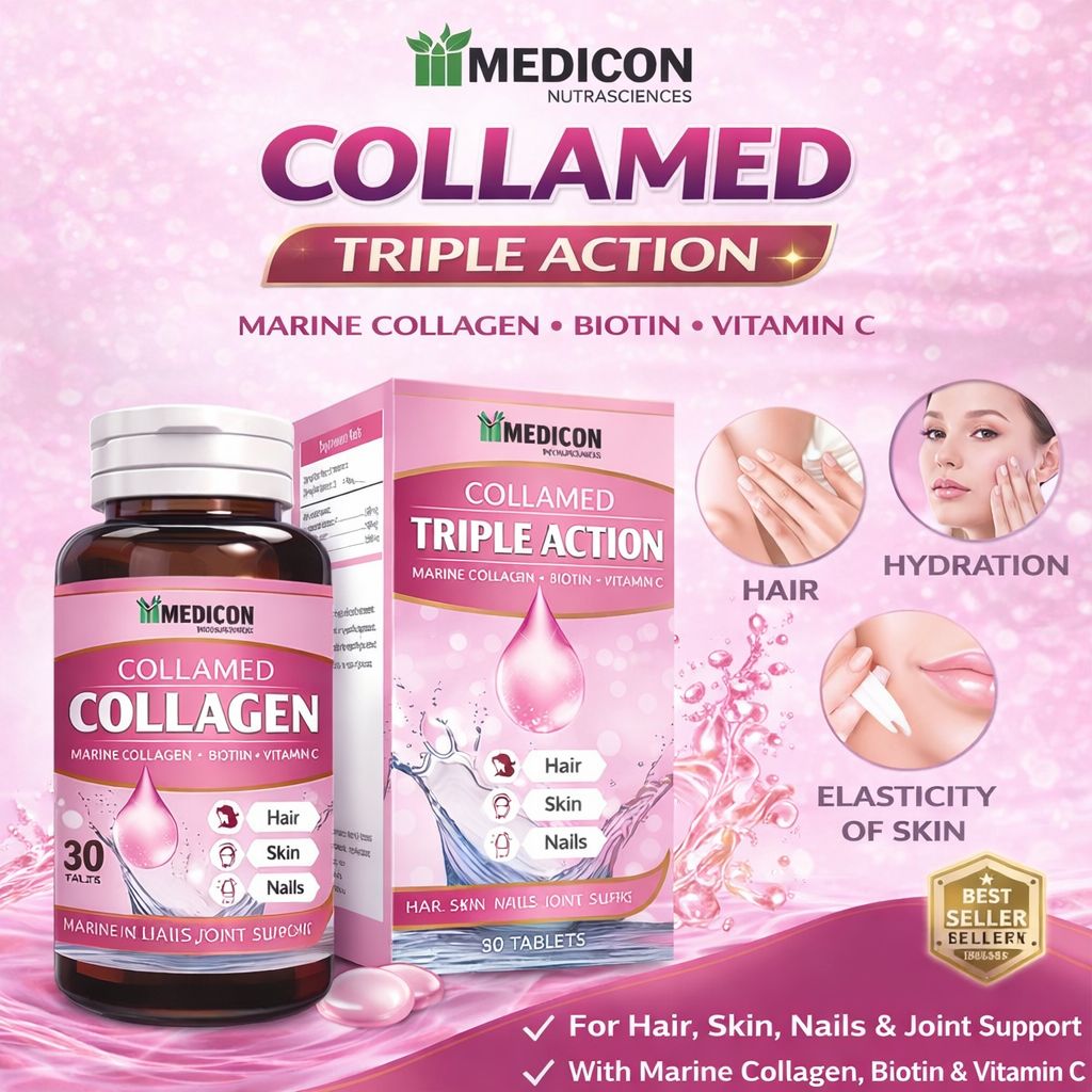 Collamed Collagen Supplement Marine Collagen + Biotin + Vitamin C for Skin Glow, Hair Growth, & Reduce Wrinkles & Aging 30 Tablets