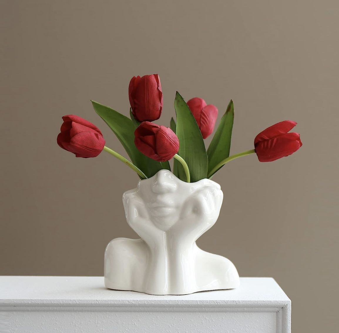 Jesmonite Ceramic Female Face Vase, Handmade Aesthetic Home Decor Flower Pot