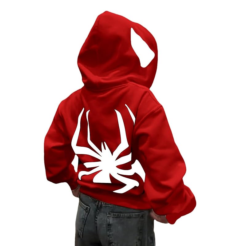 MI'TESORO Spiderman Hoodie Zipper Spider-Man Unisex Hoodies Full Zip Hooded Sweatshirts In Red Color