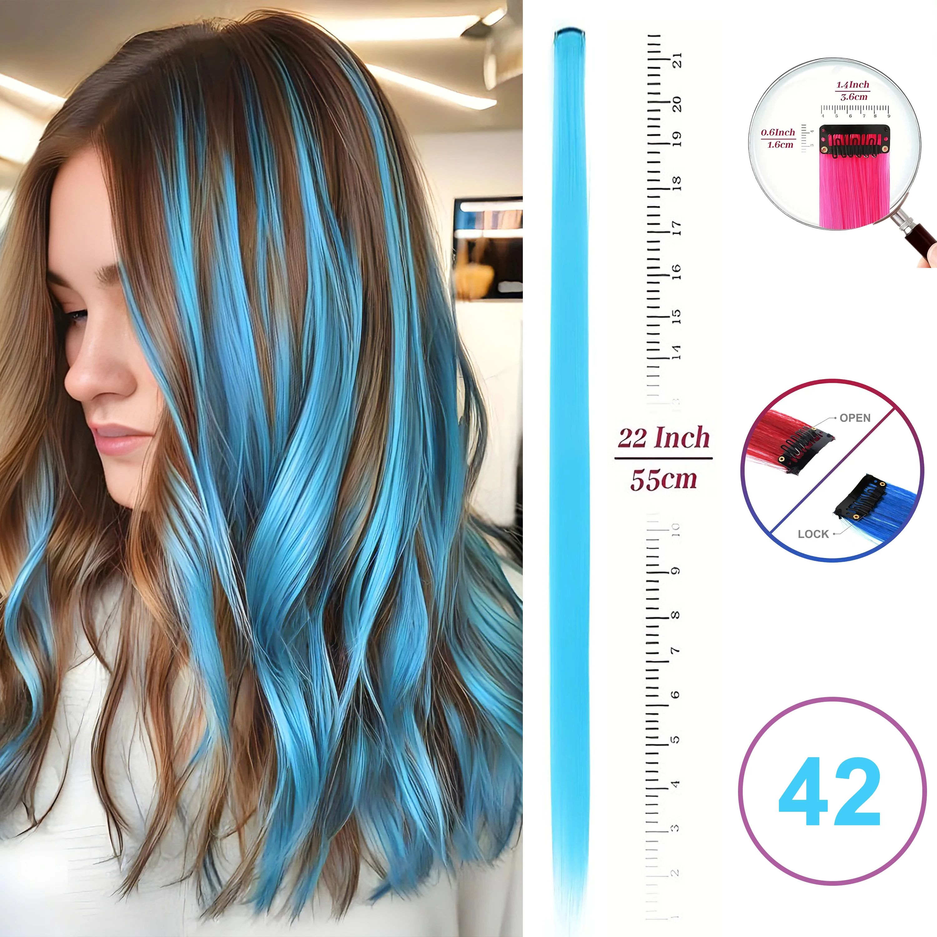 Hair Extensions Clip-In Neon Synthetic Hairpieces, 22" Straight Highlights for Kids & Girls – 1 Piece