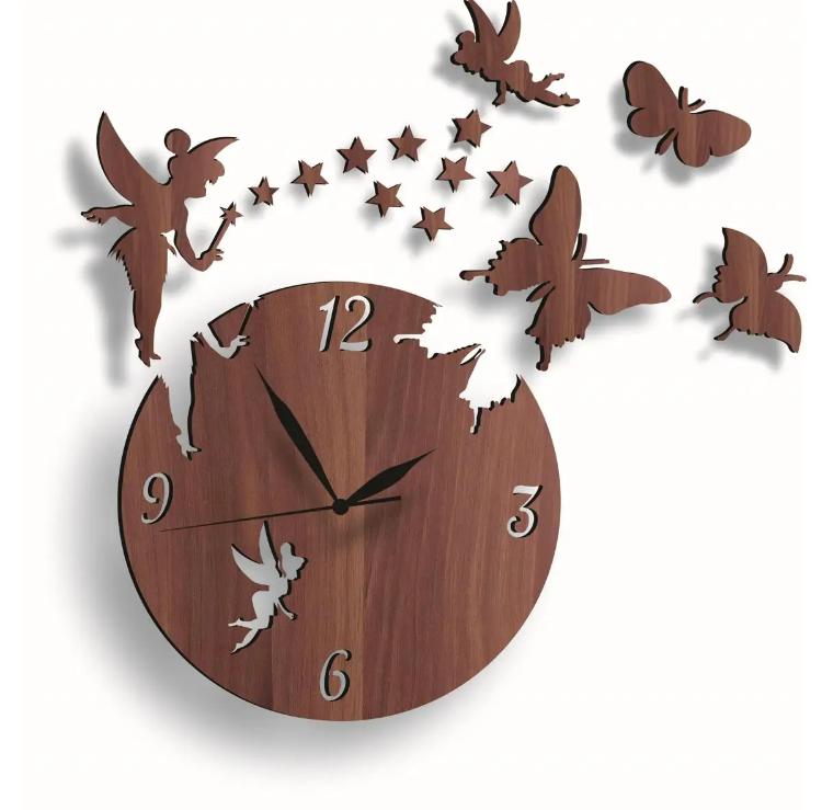 3D FAIRY WOODEN WALL CLOCK FOR ROOM DECOR LASER Cutt