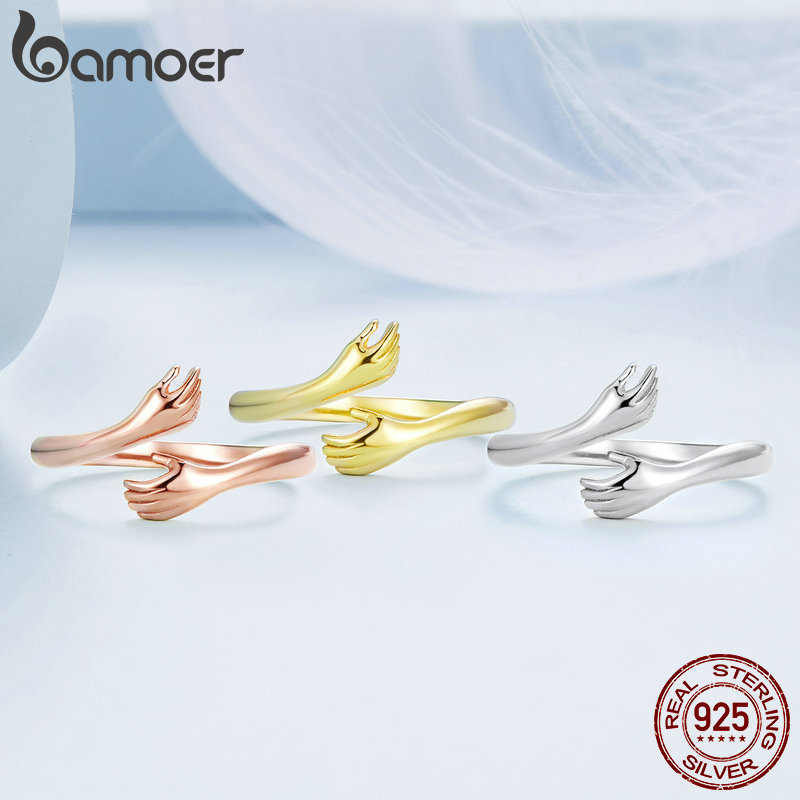 Hug Ring 3 Pack, 925 Sterling Silver Hug Rings for Women Girls Silver Hugging Hands Open Promise Ring Jewelry Hug Hands Mens Rings Couples Wedding Bands, Valentines Day Gifts