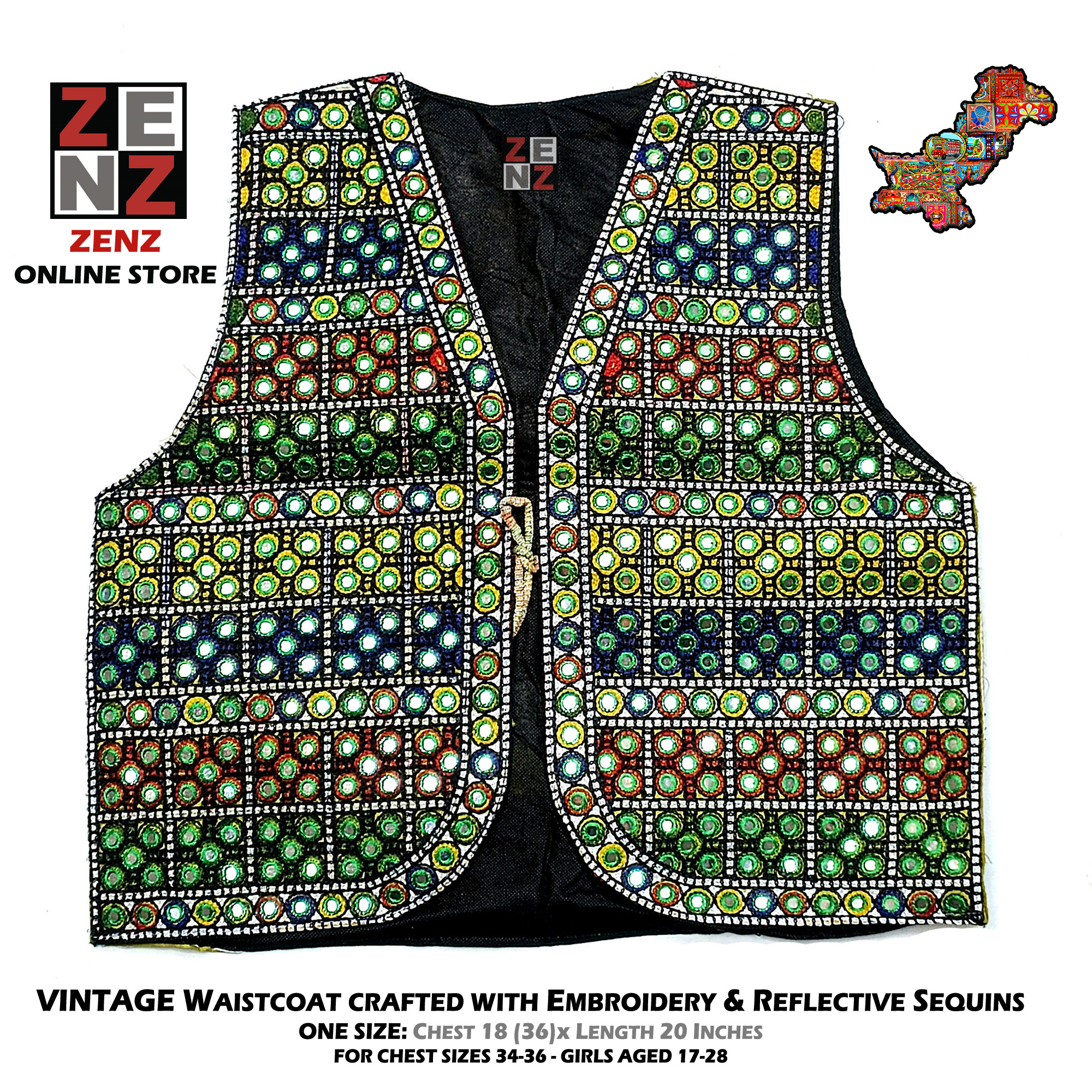 Pakistani Sindhi Balochi Pathan Kashmiri Traditional & Cultural Wear Waistcoat Koti Aari Embroidered Multicolor by ZENZ