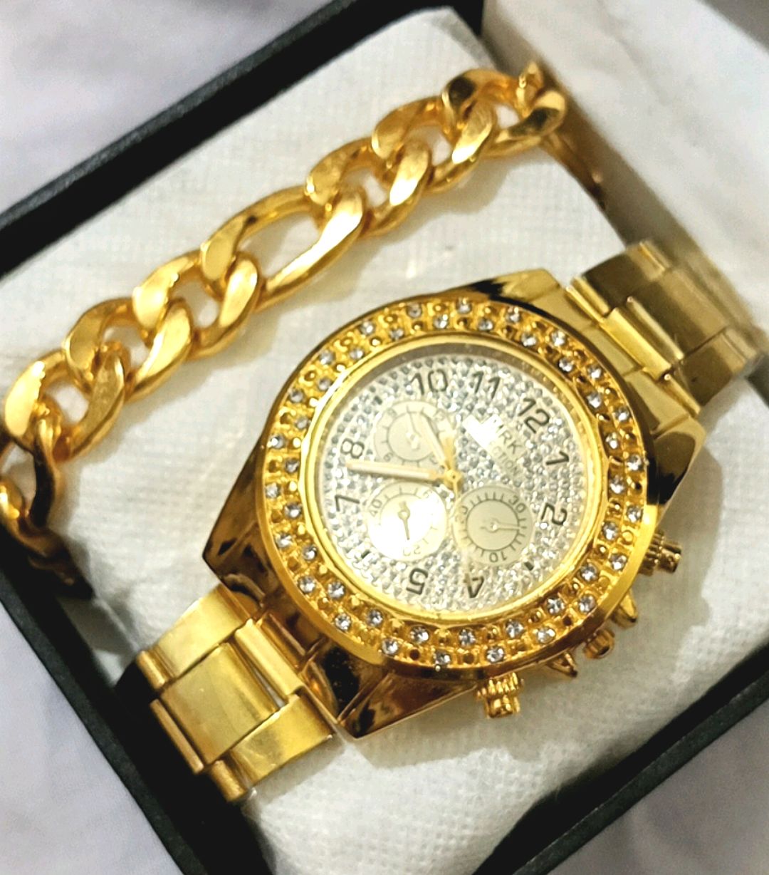 Pack of 2 Golden Nageena/Pearls Watch for Men with Golden Cuban Chain Bracelet - Watches for Men / Boys