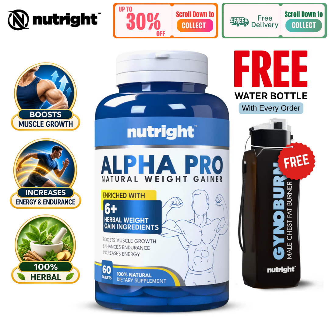 Nutright | Alpha Pro Natural Weight Gainer - For Men & Women | 100% Original | Naturally Supports Healthy Weight & Muscle Gain | Boosts Appetite and Improves Digestion | 100% Herbal Formula | DRAP Approved | 60 Tablets.