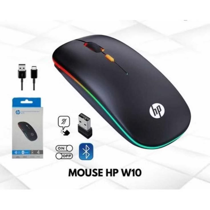 HP W10 Wireless Rechargeable Mouse With RGB Lights Adjustable DPI Silent Click With Ultra Thin
