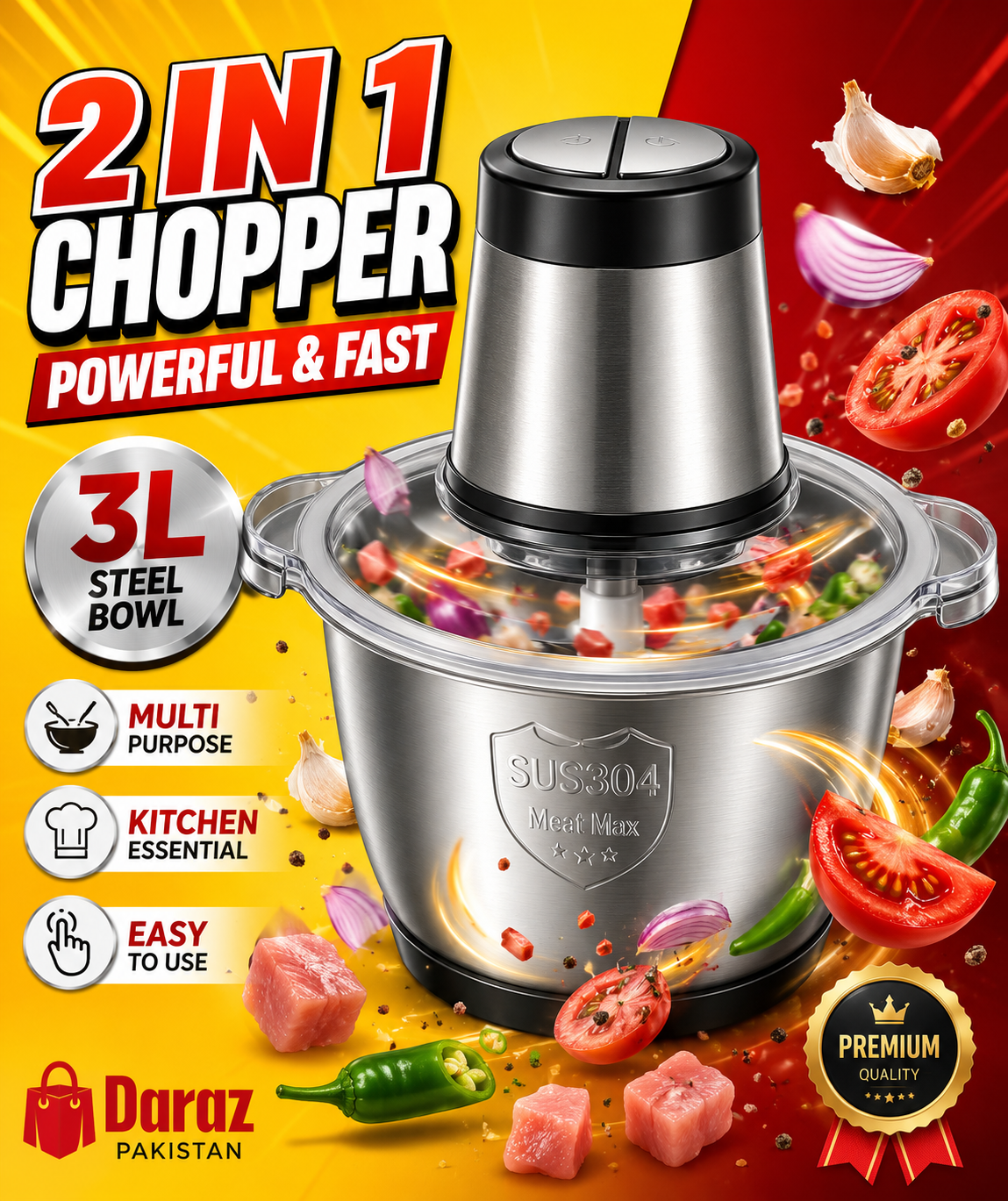 Vitamax 2-in-1 Electric & Manual Push Chopper VM-535 | 3L Large Stainless Steel Bowl Heavy Duty Food Processor | Powerful Vegetable & Meat Chopper Grinder for Kitchen Use | Multi Functional Hand Pull Chopper with Sharp Stainless Steel Blades | Fast Cuttin