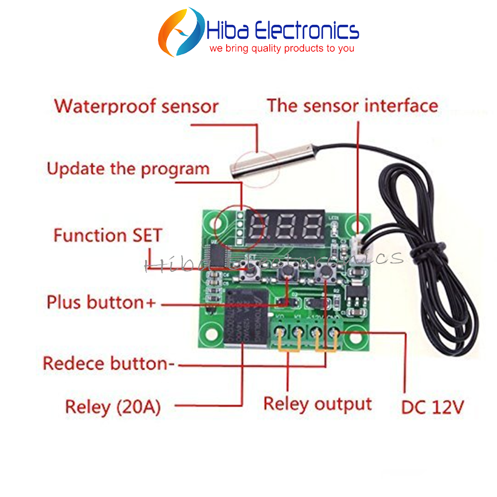 W1209 Digital Temperature Controller Module DC 12V with Waterproof Sensor, 20A Relay & LED Display
