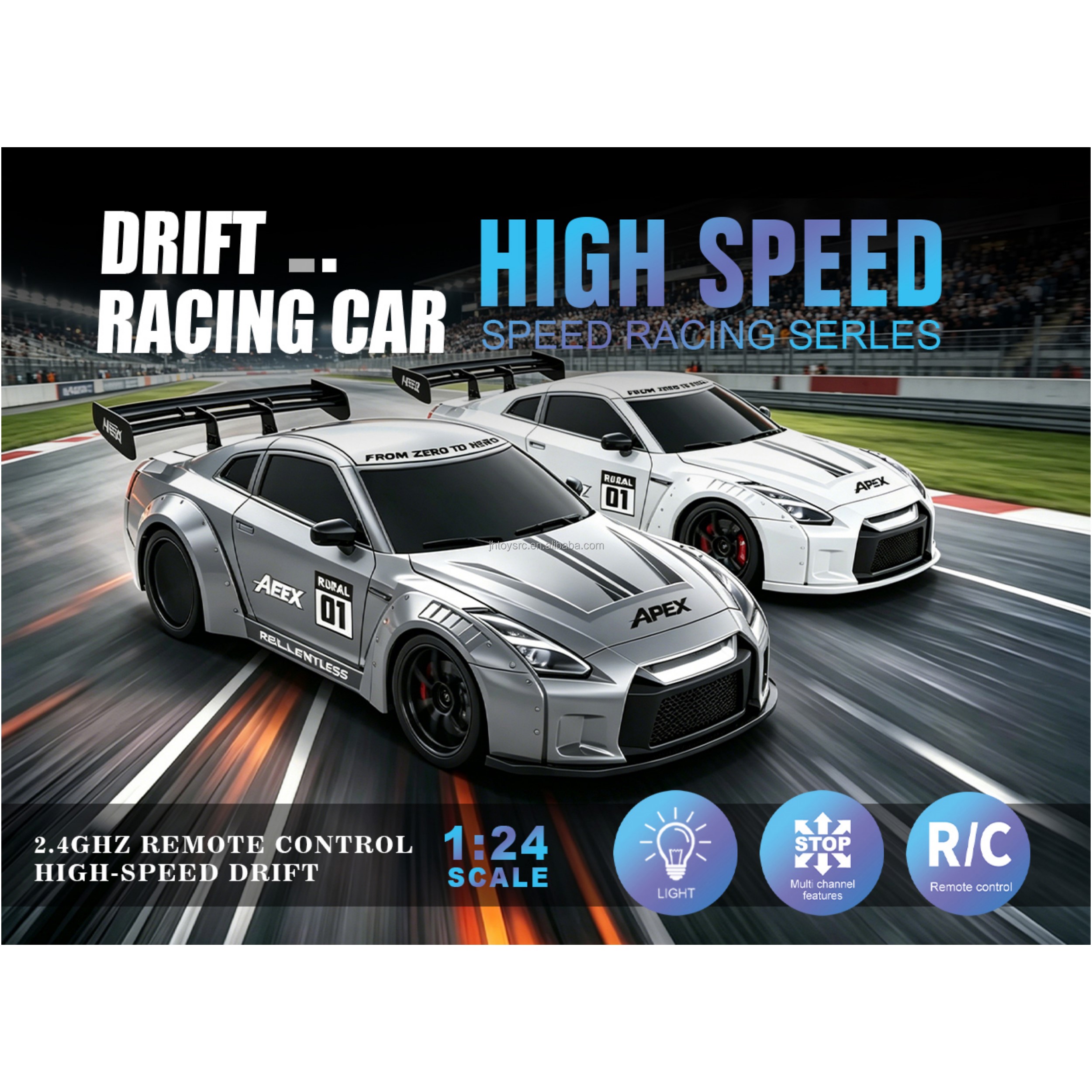 KIDDO KASTLE -  Remote Control Speed Racing 1:24 RC Nissan GTR Drift Car | 2.4GHz 4WD 20KM/H High-Speed Remote Control Racing Car with LED Lights, Music, USB Rechargeable Battery & Replaceable Drift Tires Competition Race Car Toy For Kids | Assorted COLOR