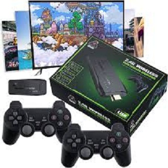 2.4G Wireless Controller Game Stick With 64gb Tf Card Plug and Play Video Game Stick Built in 10000+ Games, 4K High Definition HDMI Output with Two Game Controllers