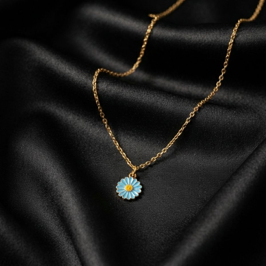 Korean Fashion Flower Pendant Choker Necklace For Women & Girls - Trendy Blue and Yellow Design - Minimalist Gold Chain Necklace