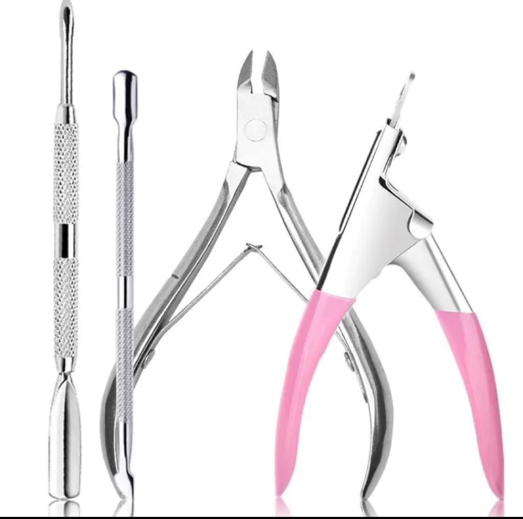 Premium Quality Stainless Steel Professional Pack of 4 Nail Cleaning Tools Including Acrylic Gel False Nail Cutter Clipper With Cuticle Pusher for Beauty Parlors, Stainless Steel Nail Clipper Kit for Men and Women Personal and Professional Use Manicure To