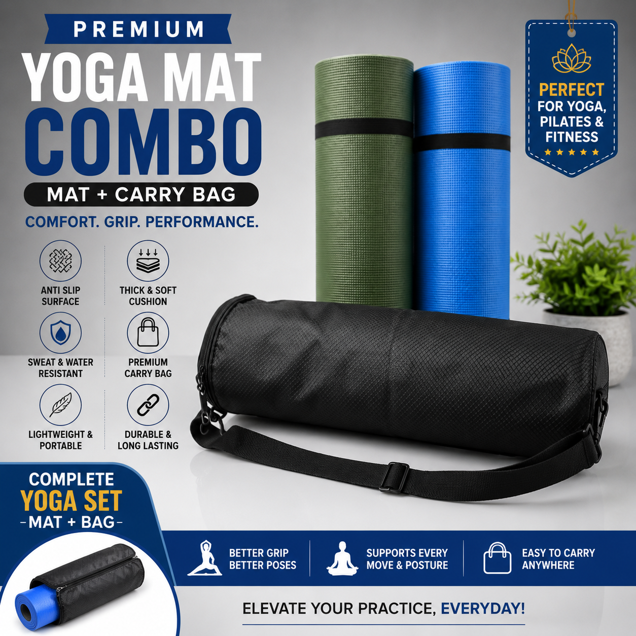 12mm Premium Yoga Mat with Carry Bag – Non Slip Exercise Gym & Fitness Mat